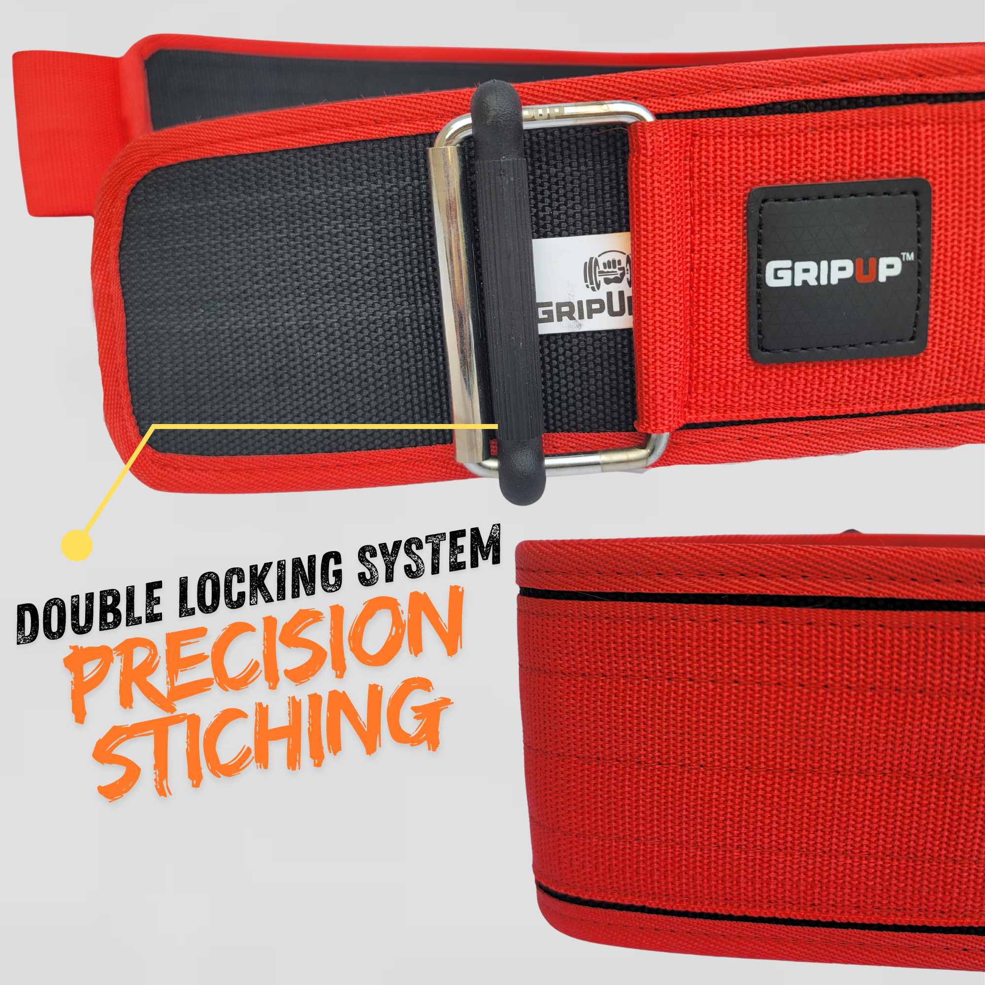 quick-lock nylon weightlifting belt custom branding detail — IRATHON private label
